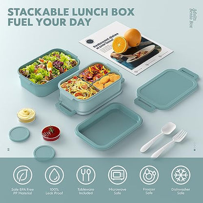 Jelife Bento Box Adult Lunch Box - 72oz Stackable Bento Lunch Box for Adults, 3 Layers All-in-One Large Bento Box Leak-Proof Lunchbox with Utensil Sauce Dressing Containers for Dining Out,Work, Green - color: 2-Green