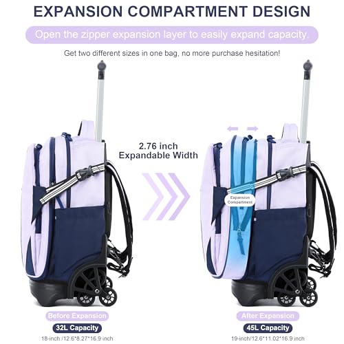 NEW TILAMI 18 Inch Expandable Rolling Backpack with 6-Wheel Stair Climbing, Waterproof Wheeled School Bag with 15.6" Laptop Sleeve for Boys Girls, Carry-on Luggage 98cm Dual-Height Handle - Purple - color: Purple