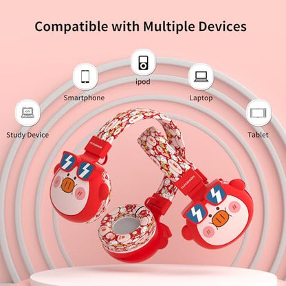 Beerus Kids Bluetooth Headphones, 85dB Volume Limiter, Bluetooth 5.4 & 20H Playtime, Ultra-Soft Foldable Over-Ear Headset with Mic, FM/TF Mode, Cute Animal Design for School Travel - color: Red Piggy