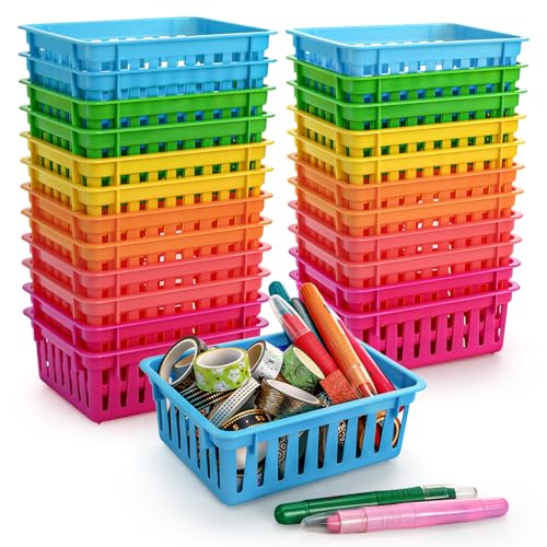 DEAYOU 24 Pack Classroom Storage Baskets, Small Plastic Baskets for Organizing, Colorful Storage Trays, Crayon Pencil Containers Organizer Bins for Desk, Drawer, Home, Office, 6.1"L x 4.7"W x 2.4"H