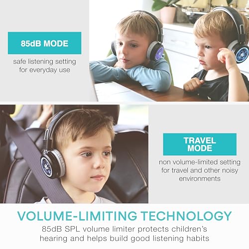 MEE audio KidJamz Share Bluetooth Headphones for Kids with LED Lights, 85dB Volume Limiter, Microphone, 40h Battery; Childrens Headset for School/iPhone/iPad/Tablet (Model: KJ55BT-S, 2-Pack) - color: Black, style: Share (2-Pack)