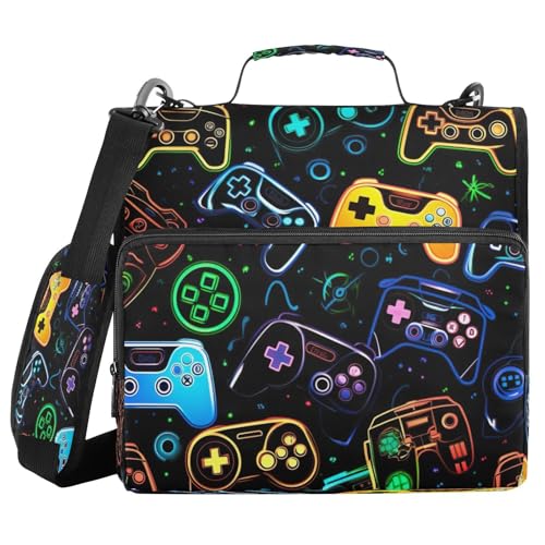 Colorful Video Game Controllers Zipper Binder for School with Shoulder Strap & Extra Pockets - 1.5 Inch 3-Ring Binder Holds 500+ Sheets, Textbooks, Laptop - color: Colorful Video Game Controllers