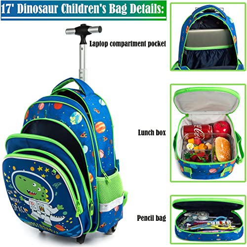 School Bags Kids Rolling Dinosaur Backpack With Wheels Trolley - 3PCS Boys Cat Backpack With Lunch Box Blue - color: Blue-220223-2-l