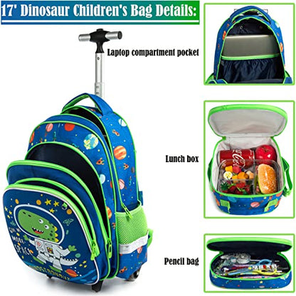 School Bags Kids Rolling Dinosaur Backpack With Wheels Trolley - 3PCS Boys Cat Backpack With Lunch Box Blue - color: Blue-220223-2-l