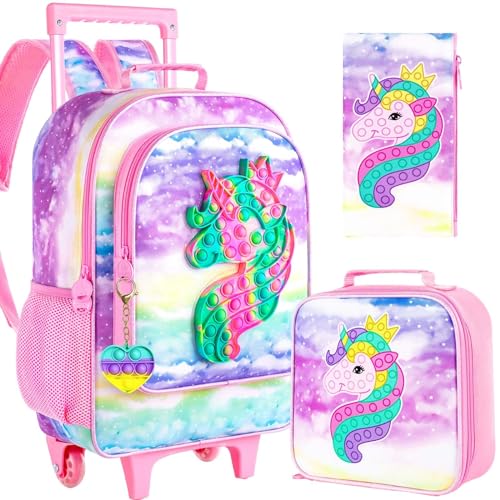 WZLVO 4PCS Rolling Backpack for Girls, Kids Unicorn Roller Backpacks with Wheels for Kids, Wheeled Bookbag Set for Toddler Elementary School - color: Pink Unicorn YC