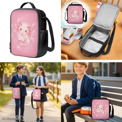 Cute Axolotl Backpack for Girls Boys Backpack with Lunch Box Water Bottle Pouch and Soft Pencil Case 4PCS Set Cute Bookbag with Side Pocket 17" Large School Bag Kids Back to School Gifts - color: Cute Axolotl