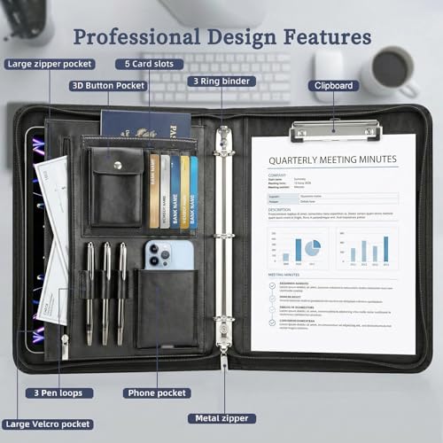 Zippered Padfolio with 3-Ring Binder & Clipboard, PU Leather Portfolio Organizer for Men Women, A4 Document Holder with Phone Pocket Pen Loops Card Slots, Professional Business Interview Folder Black - color: Black