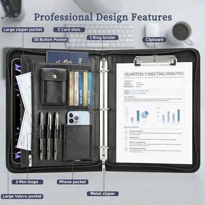 Zippered Padfolio with 3-Ring Binder & Clipboard, PU Leather Portfolio Organizer for Men Women, A4 Document Holder with Phone Pocket Pen Loops Card Slots, Professional Business Interview Folder Black - color: Black