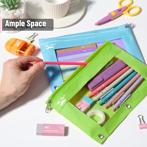 Mr. Pen- Pencil Pouch for 3 Ring Binder, 2 Pack, 10"x6.75", Smooth Zipper | Clear Window, Large Capacity Pencil Case with 3 Reinforced Grommets for School, Office, Supplies Storage | Clear Window, Large Capacity Pencil Case with 3 Reinforced Grommets for