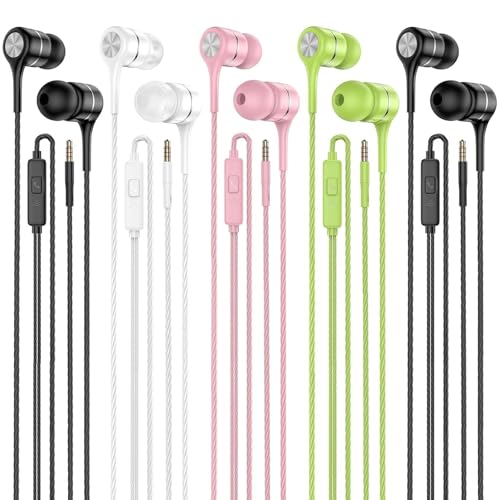 LWZCAM 5 Pack 3.5mm Wired Earbuds, Stereo Headphones with Microphone | Rich heavy bass, mic & media controls, comfy semi-in-ear, tangle-free cord, universal 3.5mm plug, 5 assorted colors