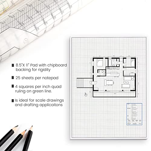 Performore Graph Paper Pad Set 2-Pack 8.5" x 11" White 4x4 Quad Ruled Notepads 50 Double-Sided Sheets per PadEasy-Tear Glue-Top Sheets for Math, Engineering & Classroom Use - size: 8.5" x 11" - 2 Pack