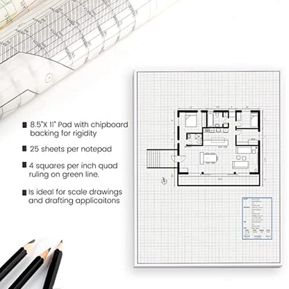 Graph Paper Pad 8.5" x 11" White 4x4 Quad Ruled Notepads 50 Double-Sided Sheets per Pad Easy-Tear Perforated Sheets for Math, Engineering & Classroom Use (1, White) - size: 8.5" x 11" - 1 Pack