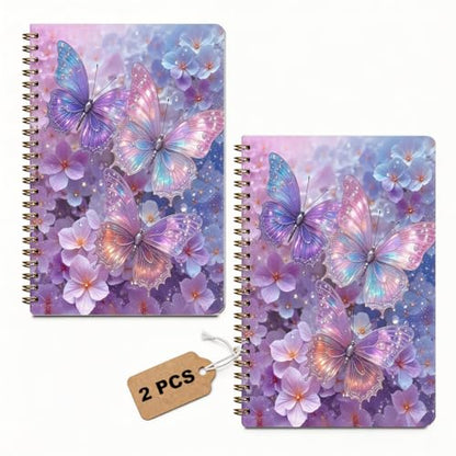 2 Pcs Purple Butterfly A5 Spiral Notebook, Journal Notebook 160 Pages | Aesthetic Flower College Ruled Notebooks, Purple Themed Notebooks, Hardcover Journals for Writing Office, Butterfly Gifts - color: Multicolour 0029