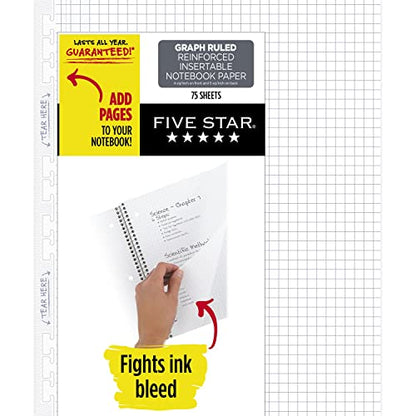 Five Star Loose Leaf Paper, Graph Ruled Insertable Notebook & Binder Filler Paper, 8-1/2" x 11", Reinforced T-Tabs, 75 Sheets (170180) - size: 1 Pack