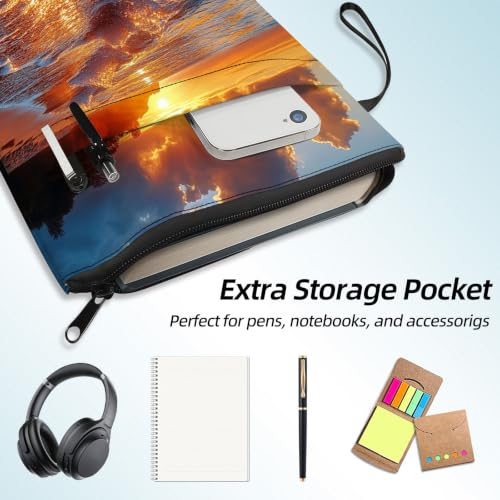 Padded Book Sleeve with Zipper & Front Pocket, Fabric Book Cover | Golden Sunset Beach Waves11.4"x8.7" Washable Canvas Pouch for Hardcovers, Tablets & Reading Accessories - color: Golden Sunset Beach Waves