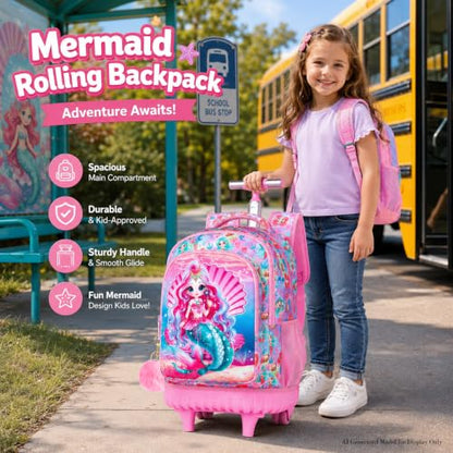 3PCS Kids Rolling Backpack, Boys Girls Roller Wheels Bookbag, Wheeled School Bag with Lunch Bag