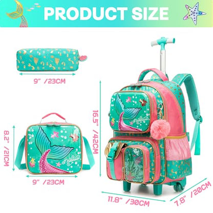 Meetbelify Mermaid Rolling Backpack with Wheels for Girls Rolling Backpacks with Lunch Box for Elementary School Students 16inch Kids Travel Luggage Suitcase for Girls Age 8-10 - color: Girl Pink Mermaid