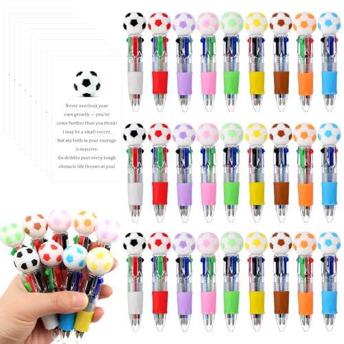 Scettar 27 Pack Soccer Party Favors Multicolor 4-in-1 Ballpoint Pens, 0.5mm Retractable Soccer Pens with Emotion Support Card for Sport Lover, Novelty Gifts Goodie Bags Stuffers - style: Soccer