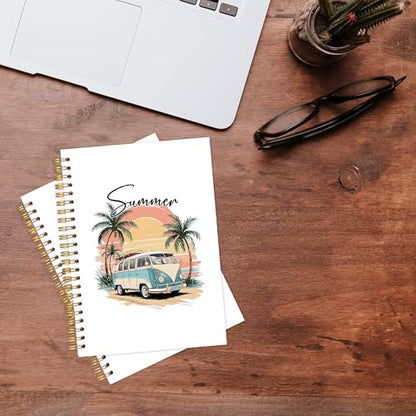 KAOWT Tropical Summer Beach Notebook Journal, Coastal Beachy Notebooks for Note Taking, Gifts for Beach Lovers, Ocean Journal, Retro Sunset Surf Bus Hardcover Spiral Notebook 5.5x8.3in - color: Summer notbook-bus