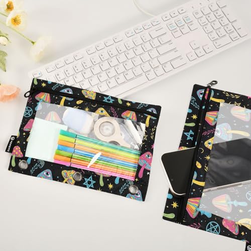 Mushroom Eyes Colorful Pencil Pouch for 3 Ring Binder 2 Pack Binder Pencil Case with Clear Window Pencils Bags with Zipper for Office School College Supplies - color: 23-Mushroom Eyes