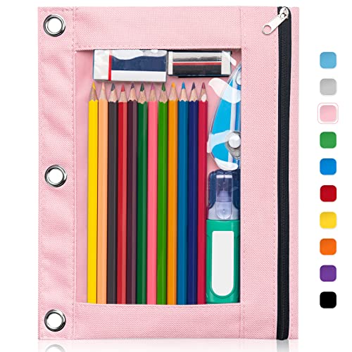 Forvencer Pencil Pouch for 3 Ring Binder, Binder Pencil Case with Smooth Zipper, Clear Window Pencil Case for Binder, Big Capacity 3 Ring Binder Pencil Bag with 3 Reinforced Grommets, Pink - color: Pink, size: 1 Pack