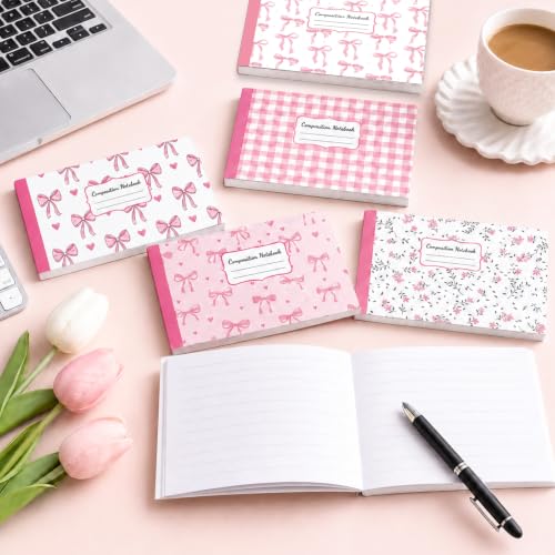 16 Pack Mini Composition Notebooks Bulk College Ruled 7.4'' x 4.7'' Pink Bow Half Size Composition Books 80 Pages Small Pocket Journal Books Back to School Gift for Student Teacher Office Supplies - color: Pink Bow