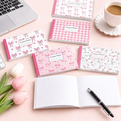 16 Pack Mini Composition Notebooks Bulk College Ruled 7.4'' x 4.7'' Pink Bow Half Size Composition Books 80 Pages Small Pocket Journal Books Back to School Gift for Student Teacher Office Supplies - color: Pink Bow