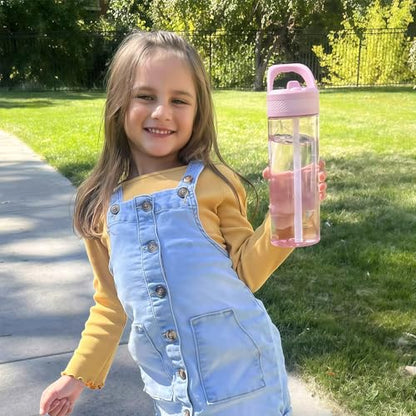 OLDLEY 20oz Kids Water Bottle with Straw, BPA-Free Tritan Water Bottle for School, Leakproof Clear Water Bottle with One Click Open, Measurement Scale, Cup Holder Friendly for Boys Girls,Pink - color: Pink