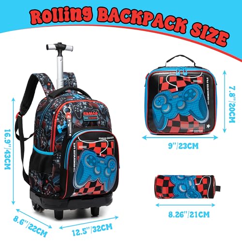 Rolling Backpack Boys Backpack with Wheels for Kids Roller Backpacks for Boys 8-12 School Backpacks for Elementary Bookbag with Lunch Box Back to School Supplies - color: Black Game