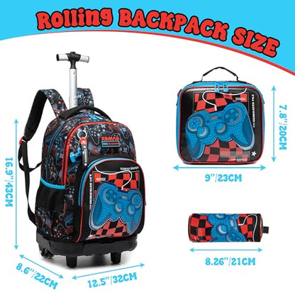 Rolling Backpack Boys Backpack with Wheels for Kids Roller Backpacks for Boys 8-12 School Backpacks for Elementary Bookbag with Lunch Box Back to School Supplies - color: Black Game