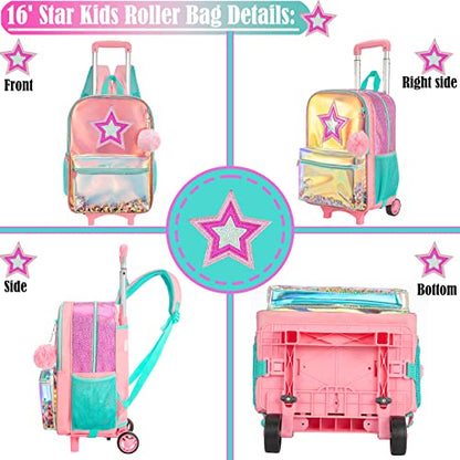 School Kids Rolling Backpack for Girls With Wheels Trolley Wheeled Backpacks Travel Bags 3PCS With Lunch Box Kids Rolling Suitcase Pink - color: Magic Color-1216-2
