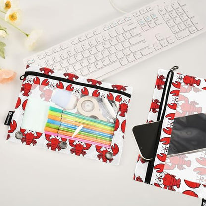 Lobster Pencil Pouches for 3 Ring Binder, Zipper Binder Pencil Case, 2 Pack Clear Window Case Bag for Office Organizers - color: Lobster