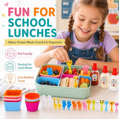 Set of 49 Lunch Box Accessories, Includes 18 Silicone Lunch Box Dividers Cupcake Liners, 4 Mini Ketchup Bottle Condiment Squeeze Bottles Sauce Containers for Bento Box, 27 Food Picks Fruit Toothpicks