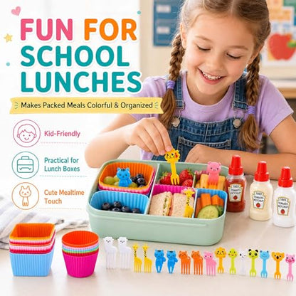 Set of 49 Lunch Box Accessories, Includes 18 Silicone Lunch Box Dividers Cupcake Liners, 4 Mini Ketchup Bottle Condiment Squeeze Bottles Sauce Containers for Bento Box, 27 Food Picks Fruit Toothpicks
