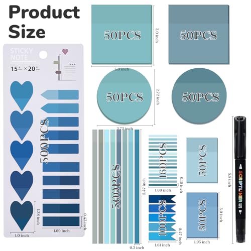 Temiary 1160 Sheets Transparent Sticky Notes Set with Pen for Bible Study | Sticky Note with Index Tabs Set for Annotating Journaling, Bible Study Book Annotation - color: Blue