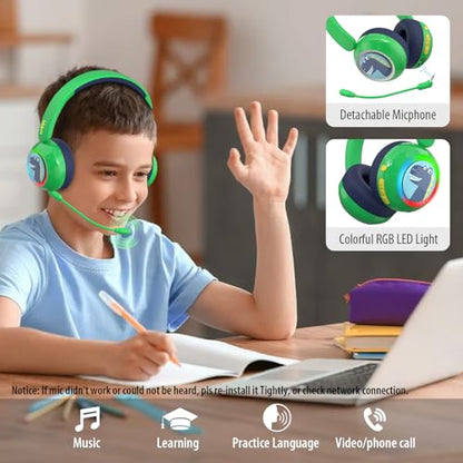 Kids Bluetooth Headphones, Dinosaur Wireless Headphones for Kids with LED Lights, Detachable Mic, 75/85/94dB Volume Limited, Fast Charging, Teens Boys Headset for School/Travel/Tablet/Airplane - style: Dinosaur