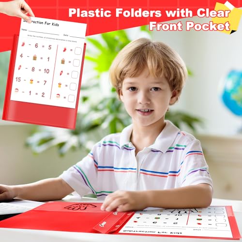 Henoyso 24 Pcs Plastic Folders with Clear Front Pockets and Prongs School to Home File Organizer Plastic Folder for Back to School Parent Teacher Communication Homework Office (Red) - color: Red