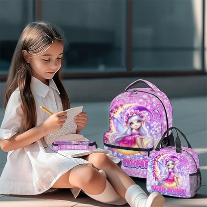 COZYAURA Girls School Backpack Personalized with Name - 3-Piece Backpack Set with Insulated Lunch Box & Pencil Case, Fairy Design for Kindergarten & Elementary Students - color: Pink