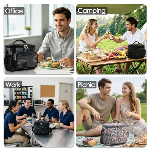 FlowFly Insulated Reusable Lunch Bag Adult Large Lunch Box for Women and Men with Adjustable Shoulder Strap,Front Zipper Pocket and Dual Large Mesh Side Pockets,BlackFlower - color: BlackFlower