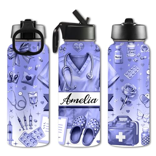 Custom Nurse Water Bottle Personalized Stainless Steel Insulated with Lid 18/32oz Customized Name Nurse Gifts for Women Nurses Nursing Graduation Nurse Week Birthday Healthcare Worker - color: Design-5
