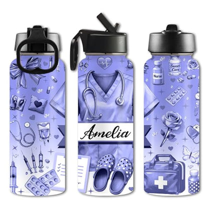 Custom Nurse Water Bottle Personalized Stainless Steel Insulated with Lid 18/32oz Customized Name Nurse Gifts for Women Nurses Nursing Graduation Nurse Week Birthday Healthcare Worker - color: Design-5
