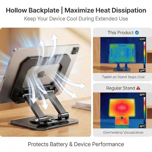 CTESNE【360°Rotation】iPad Stand for Desk【Foldable & Portable】【Carbon Steel Heavy-Duty Base】Adjustable Tablet Stand, Phone & Tablet Holder (Black)