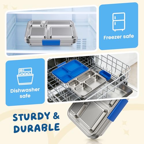 Stainless Steel Bento Box, 4-Compartment Metal Lunch Box with Removable Silicone, Lunch Container for Kids & Adults with Silicone Inner Container, School, Office, Dishwasher Safe(Blue) - color: Blue