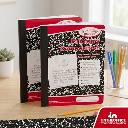 1InTheOffice Primary Composition Notebook K-2, Primary Journal, Kindergarten Notebook, 7.5" x 9.75", 100/Sheets, Red/Black Marble, 2 Pack