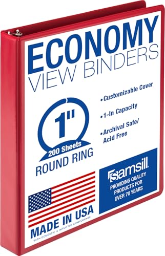 Samsill 1 Inch 3 Ring Binder, Economy Round Ring, Clear View Cover, 200 Sheet Capacity - for School, Home, Office - Red - color: Red, size: 1-Pack, style: 1-Inch