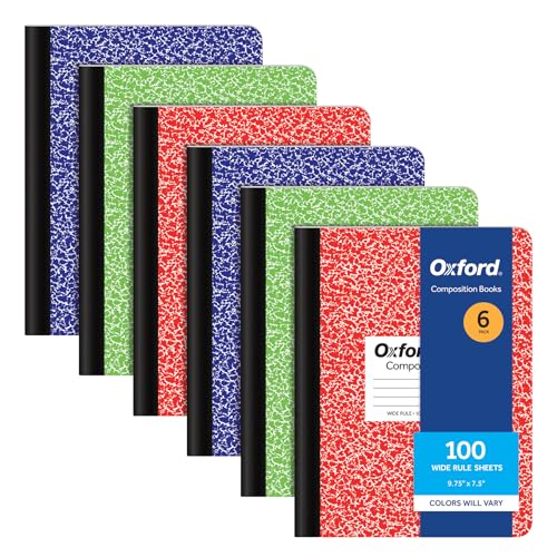 Oxford Composition Notebooks, 6 Pack, Cover Colors Vary, Wide Ruled Paper, 9-3/4 x 7-1/2 Inch School Journals, Assorted Marble Covers, 100 Sheets, per Book (63762) - color: Assorted, size: Wide Rule