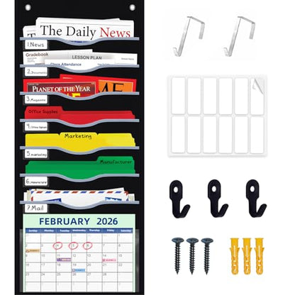ALSLEA Hanging File Organizer 8 Pockets 15¾”W Legal/ Letter Size Paper Organizer, Pocket Chart for Classroom , Mail Organizer Wall Mounted, Over the Door Organizer with 12 Nameplate, 5 Hooks (Black) - size: 8 Pockets Black