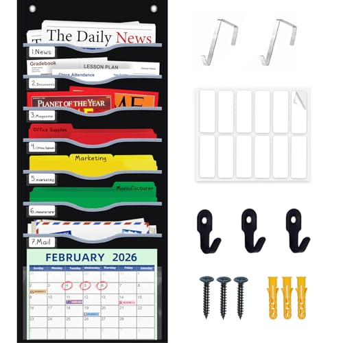 ALSLEA Hanging File Organizer 8 Pockets 15¾”W Legal/ Letter Size Paper Organizer, Pocket Chart for Classroom , Mail Organizer Wall Mounted, Over the Door Organizer with 12 Nameplate, 5 Hooks (Black) - size: 8 Pockets Black