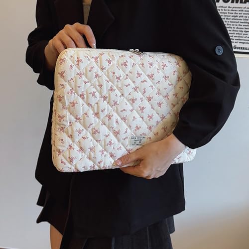 14 inch Maple Leaf Soft Pad Tablet Bag Embroidery Puffy Protective Case Shockproof Cute Quilted Laptop Sleeve Commute Work Study Bag - color: Pink Leaf