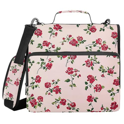 Pink Rose1 Zipper Binder 3 Ring 1.5 Inch School Binder Organizer with Shoulder Strap Handle File Folder Pockets Large Capacity Students Girl Boy Men Office Work - color: Pink Rose1